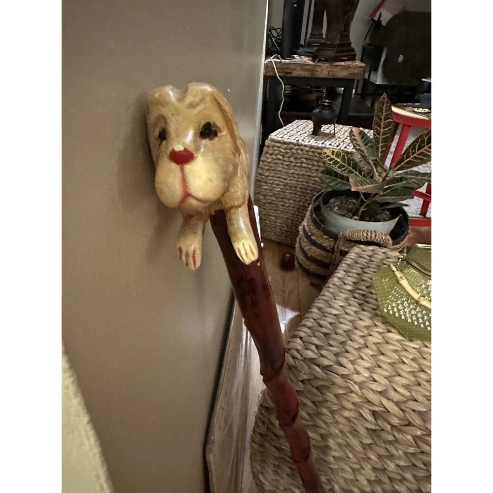 Hand Carved Dog Handle, Walking Stick 34 Inch Twist Shaft + Folk Art Cane Money